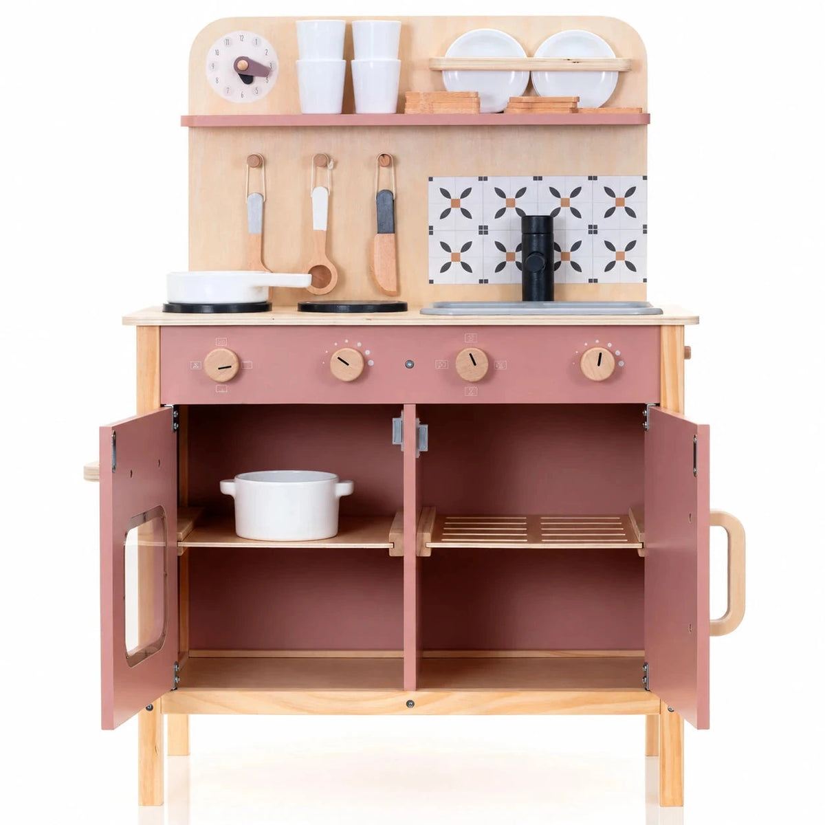 Wooden Play Kitchen with 21 Accessories – Montessori Pretend Play Set Toys 