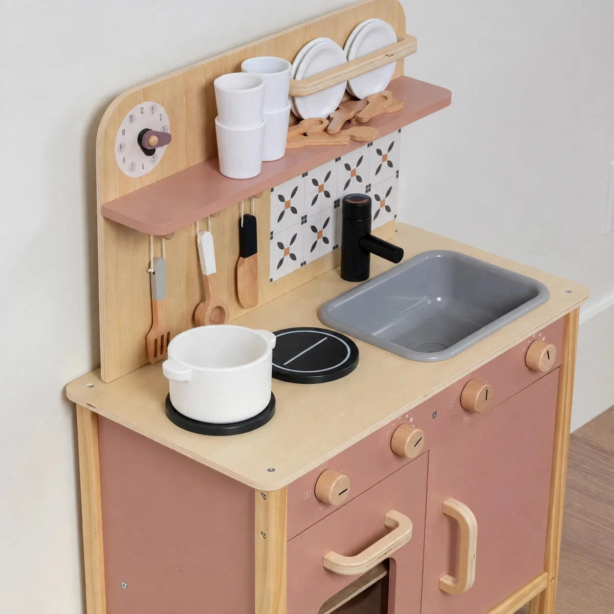 Wooden Play Kitchen with 21 Accessories – Montessori Pretend Play Set Toys 