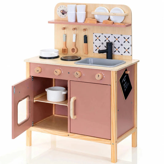 Wooden Play Kitchen with 21 Accessories – Montessori Pretend Play Set Toys 