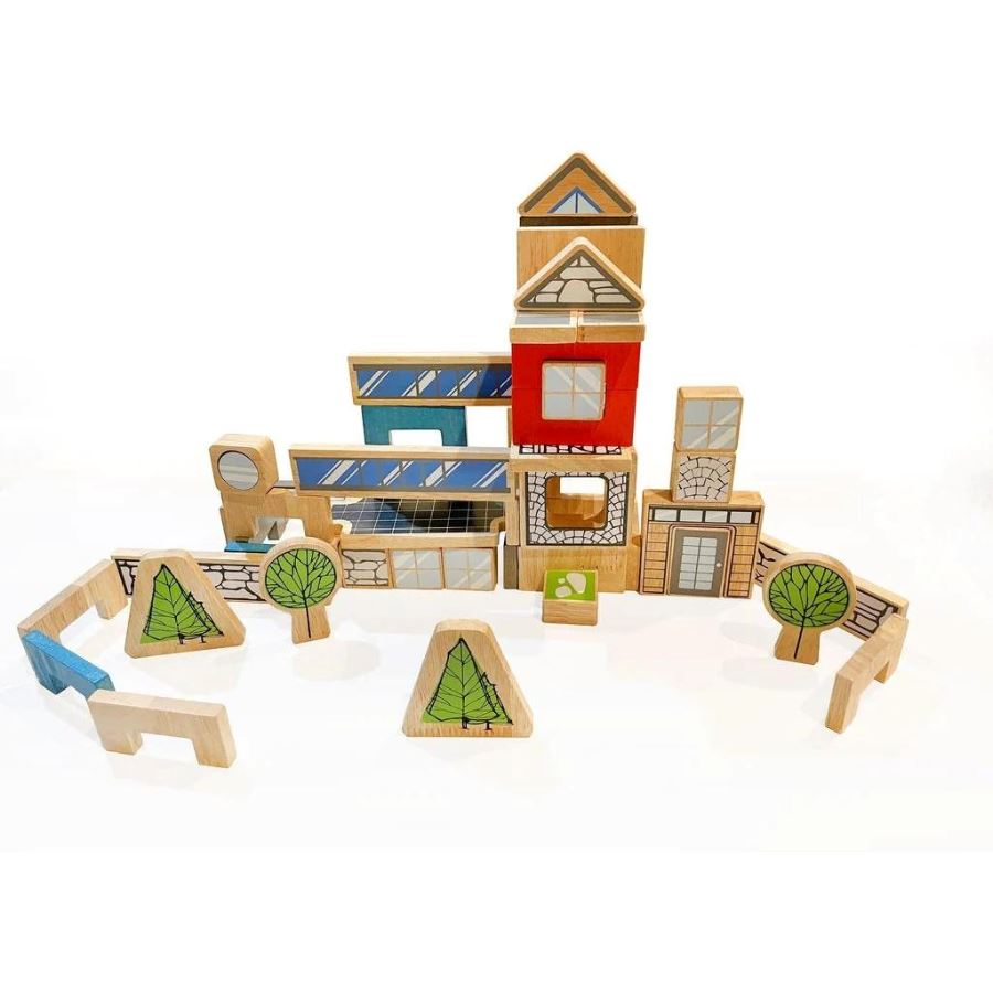 BeginAgain U Build It Architect wooden geometric building blocks in red, green, blue, and natural wood. 