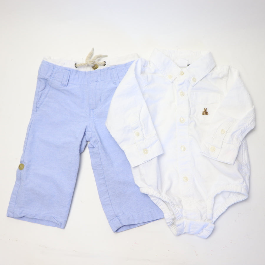 Janie & Jack Linen Double Waistband Pants & Baby Gap Oxford Bodysuit 12-18M 