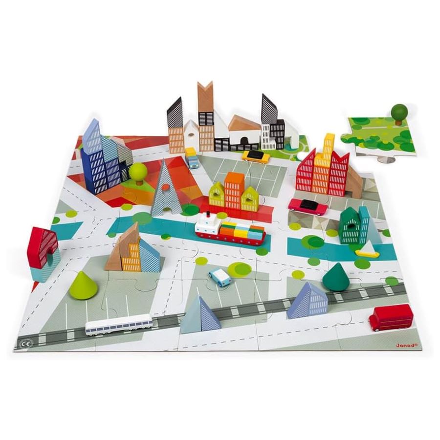 Janod Kubix 60-Block Set + City Puzzle Toys 