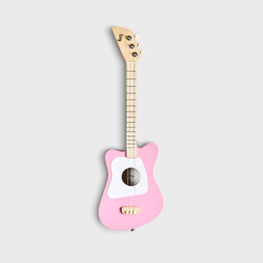 Loog Mini Left Handed Guitars pink natural and white straight on product shot