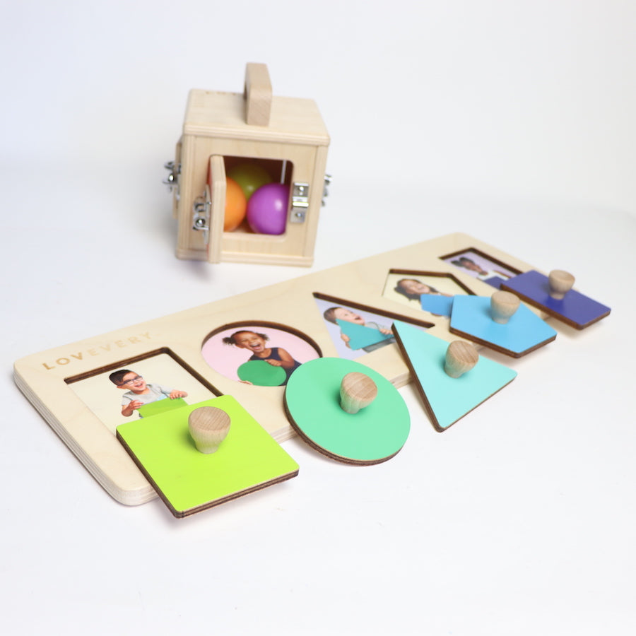 Lovevery Friends of All Shapes Wooden Puzzle and Lock Box 