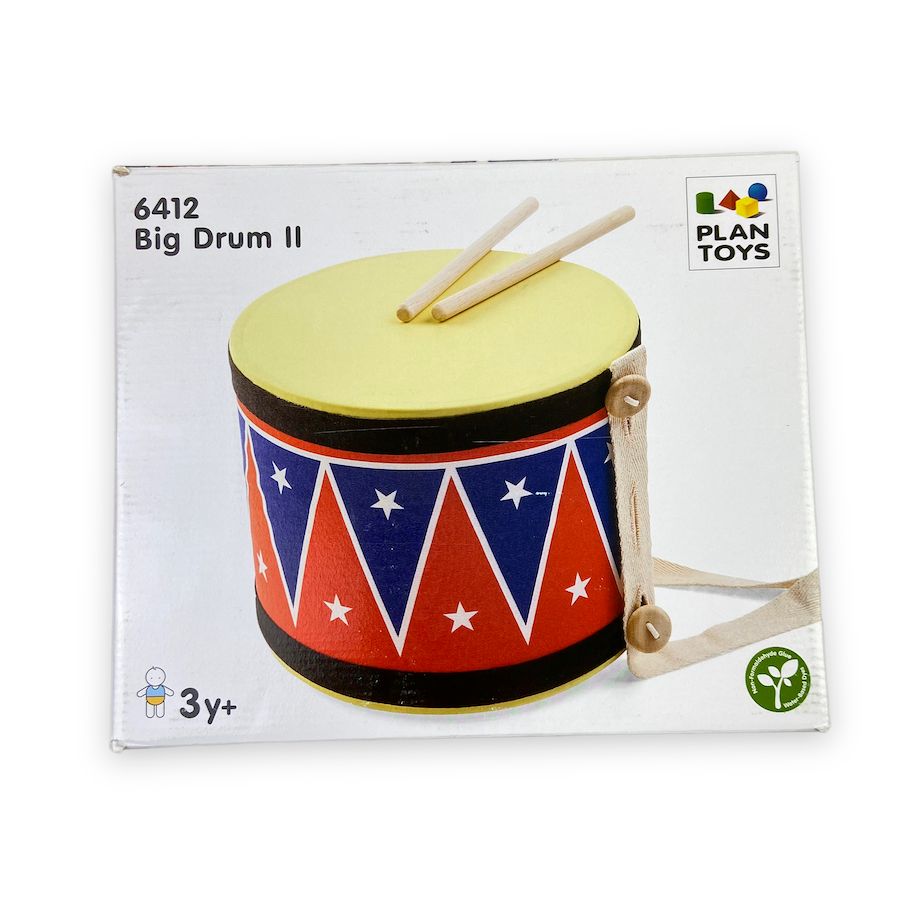 PlanToys Big Drum II Musical Toys wood and rubber drum red and blue with white starsfor kids box front