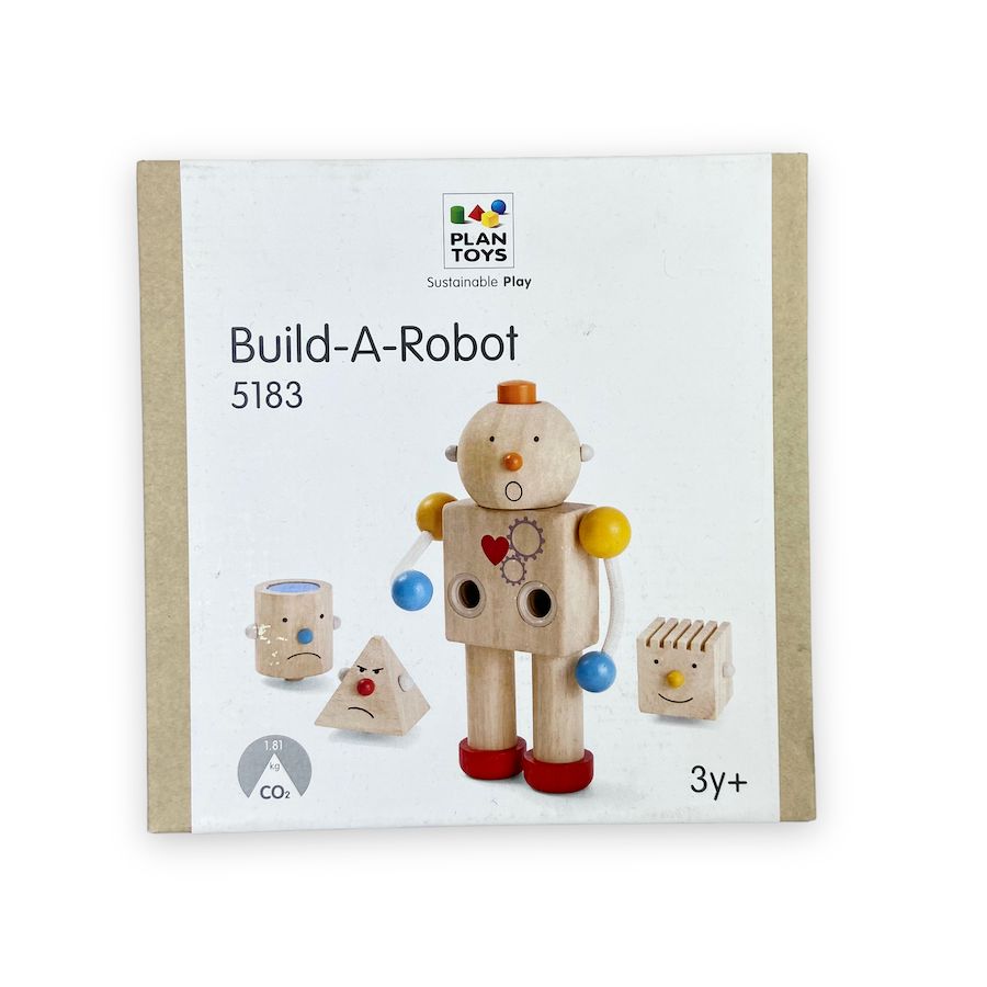 PlanToys Build-a-Robot wooden toy robot with varied face emotions