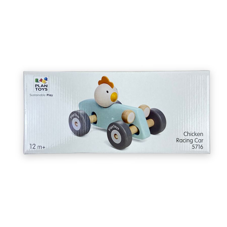 PlanToys Chicken Racing Car aqua wooden toy car with chicken