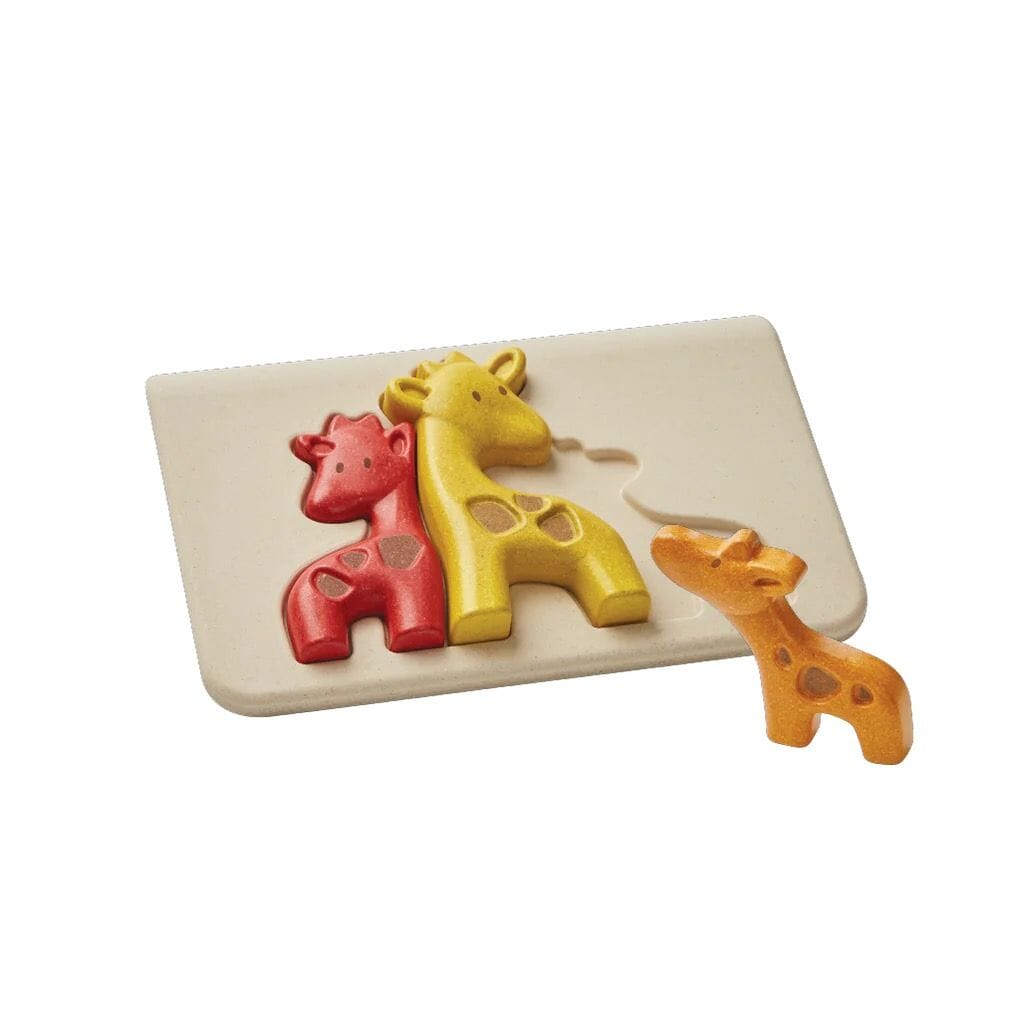 PlanToys wooden Giraffe Puzzle and play set product shot with 3 giraffe pieces