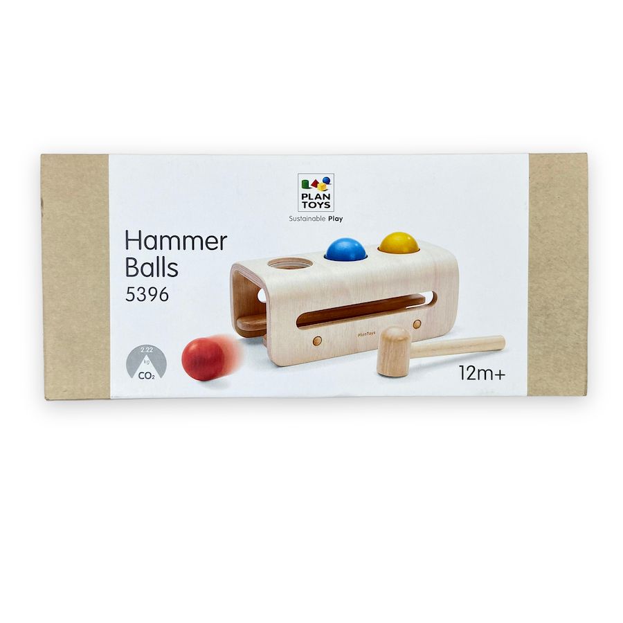 PlanToy Hammer Balls wooden toy with three colored balls and hammer