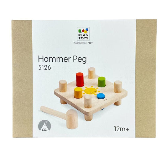 PlanToys Hammer Peg Toys Product Shot Wooden mallet with pegs and board