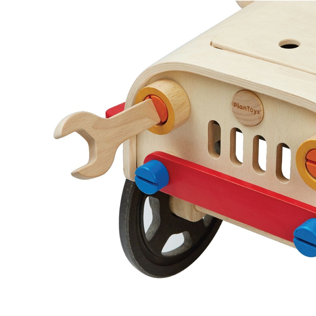 Close up product shot of PlanToys Motor Mechanic car for 3 year olds and up