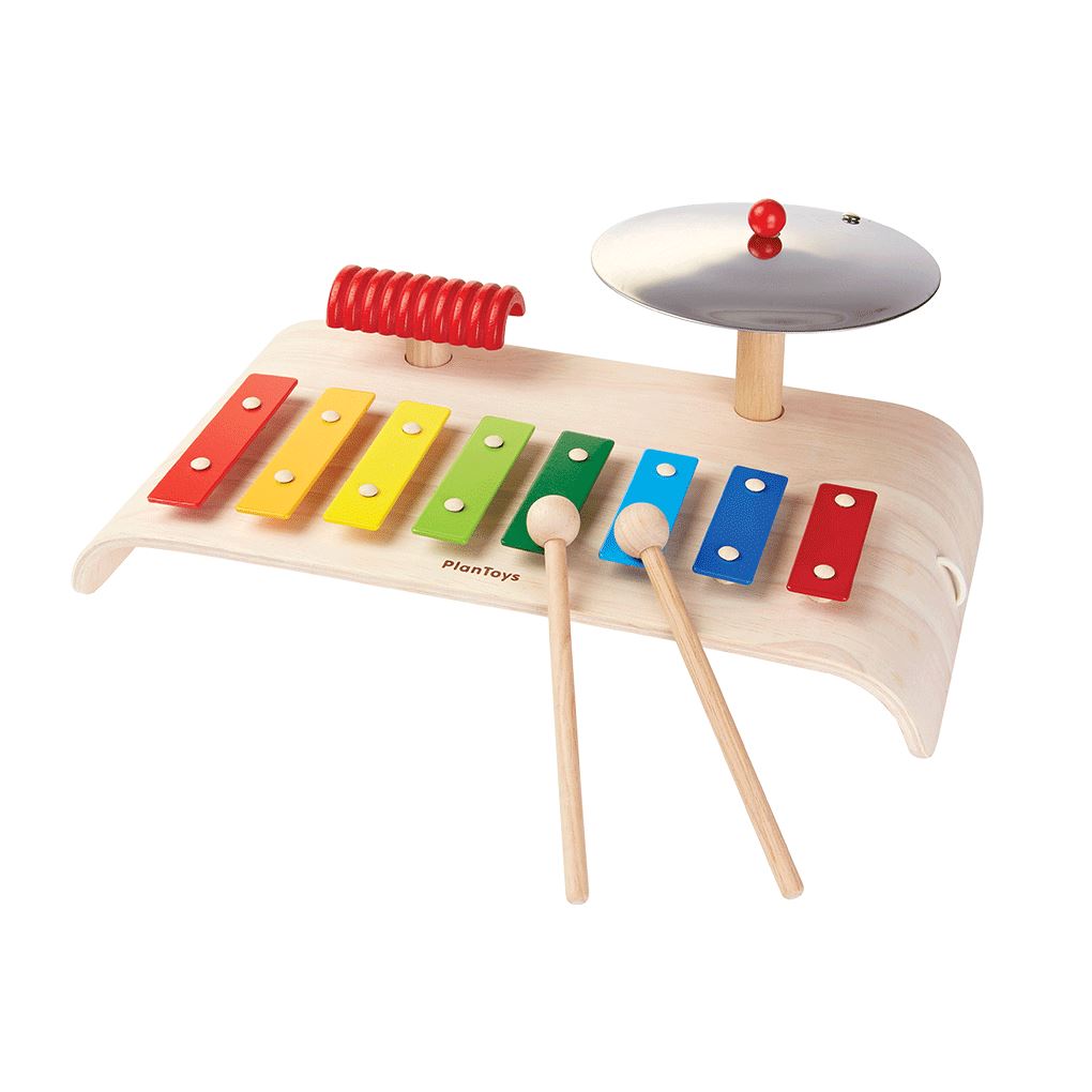 PlanToys Musical Set with rainbow xylophone, cymbals, and wooden guiro - wood base and  mallets.