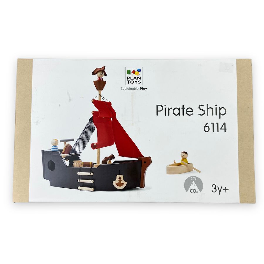 PlanToys Pirate Ship wooden toy ship with red sail and accessories