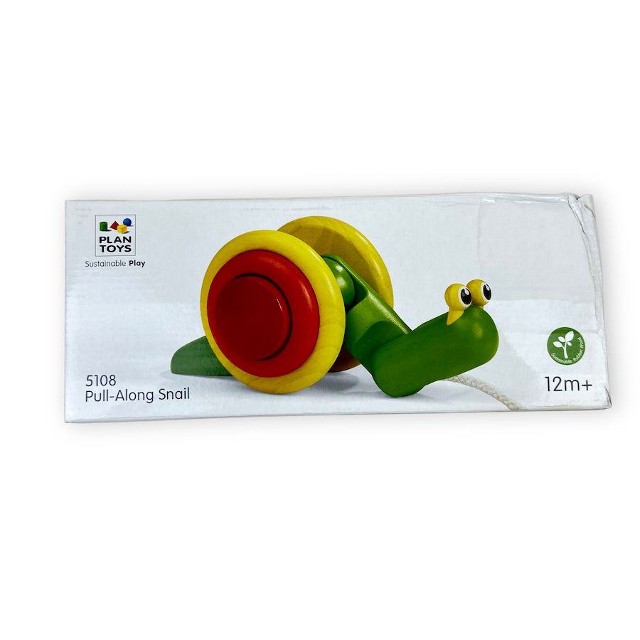 PlanToys Pull Along Snail green red and yellow wooden toy pull with string