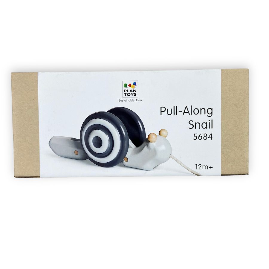 PlanToys Pull Along Snail - Mono wooden toy black and white snail with string