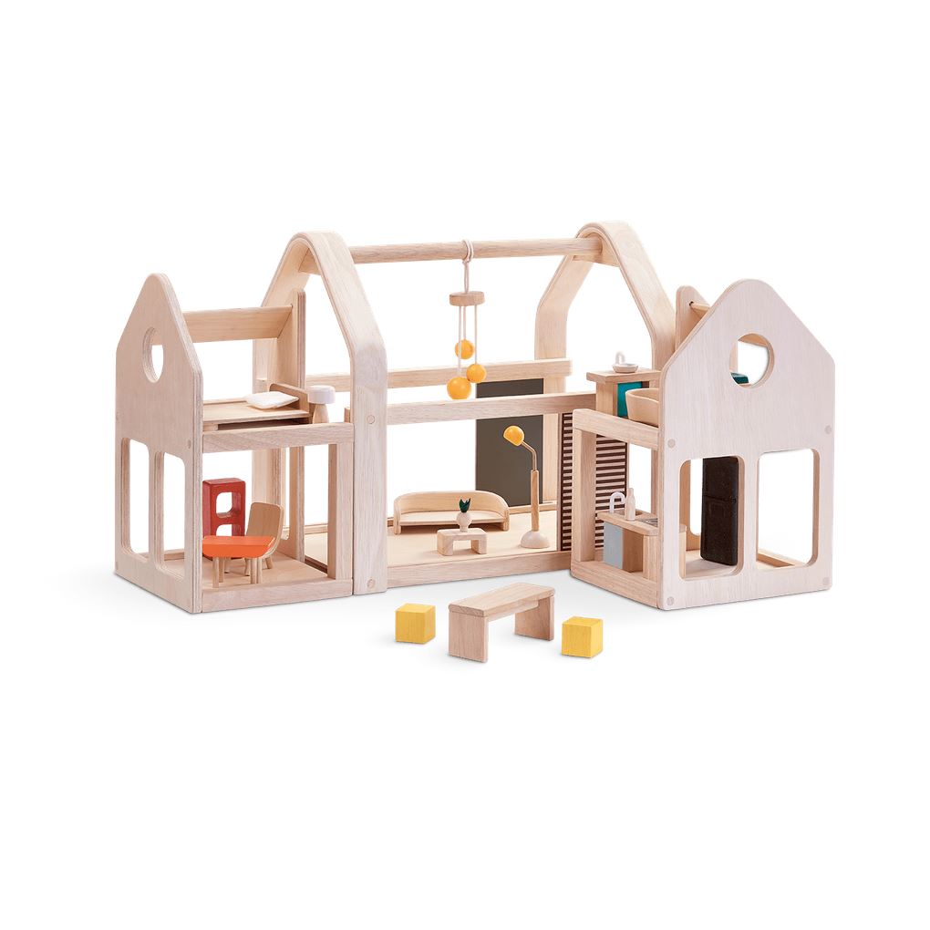 PlanToys Slide N Go wooden Dollhouse and Furniture set - natural unfinished wood and compact design for travel .
