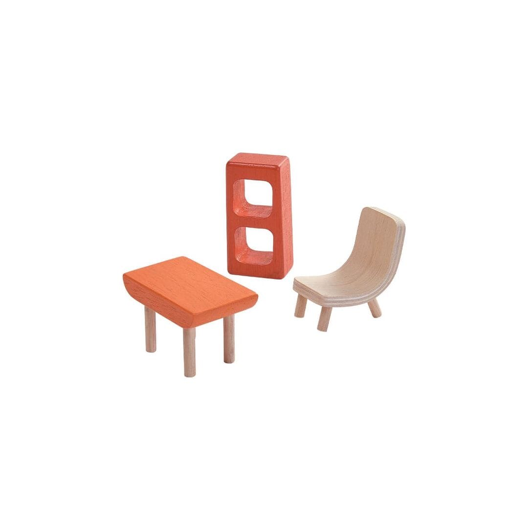 PlanToys Slide N Go wooden Dollhouse dining room furniture set - natural unfinished wood.