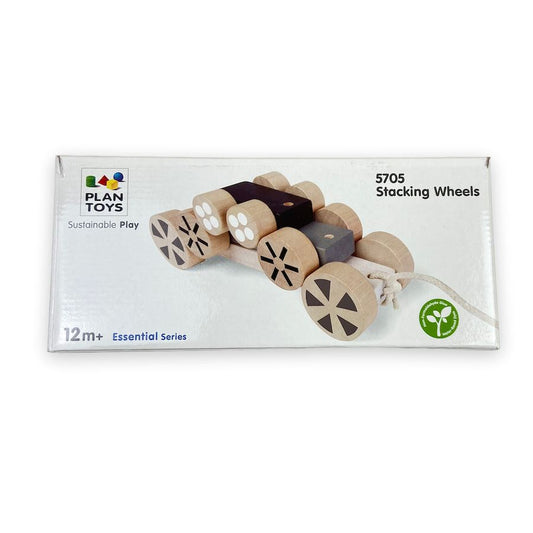 PlanToys Stacking Wheels wooden toy STEM toy for toddlers front of box