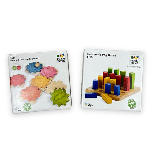 PlanToys STEM Bundle with Geometric Pegs Board and Gears and Puzzles Toys wooden toys for toddlers