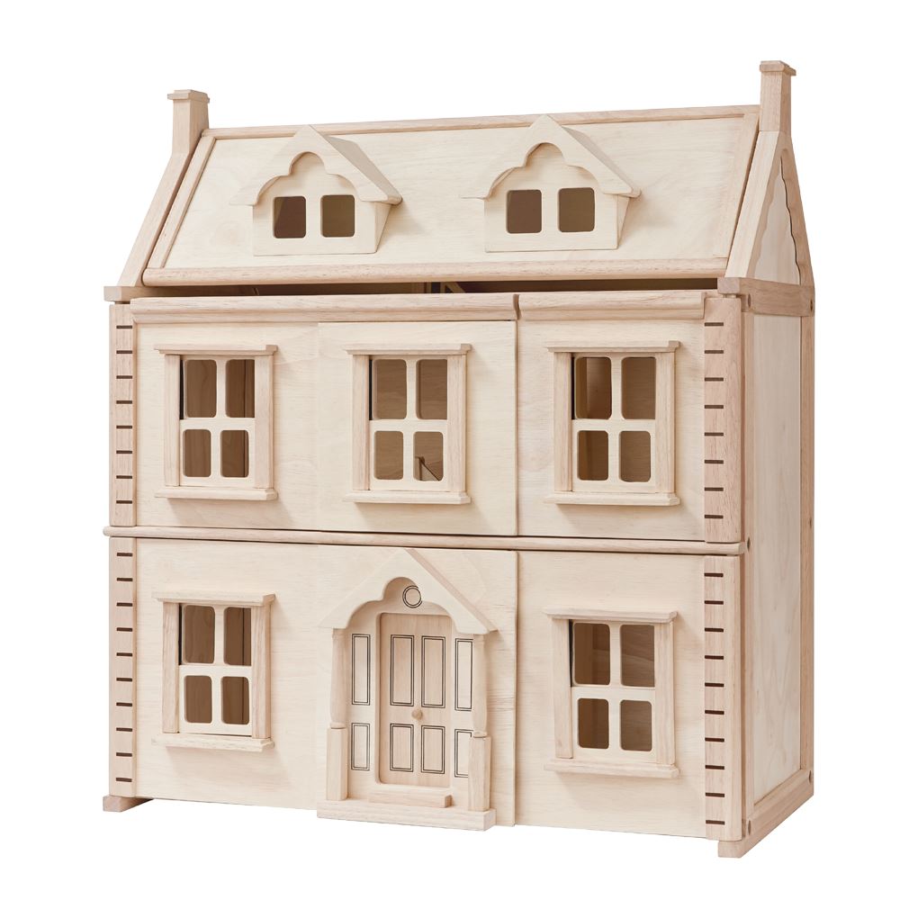 PlanToys Victorian Dollhouse natural wooden dollhouse with 3 stories including attic - natural finish.