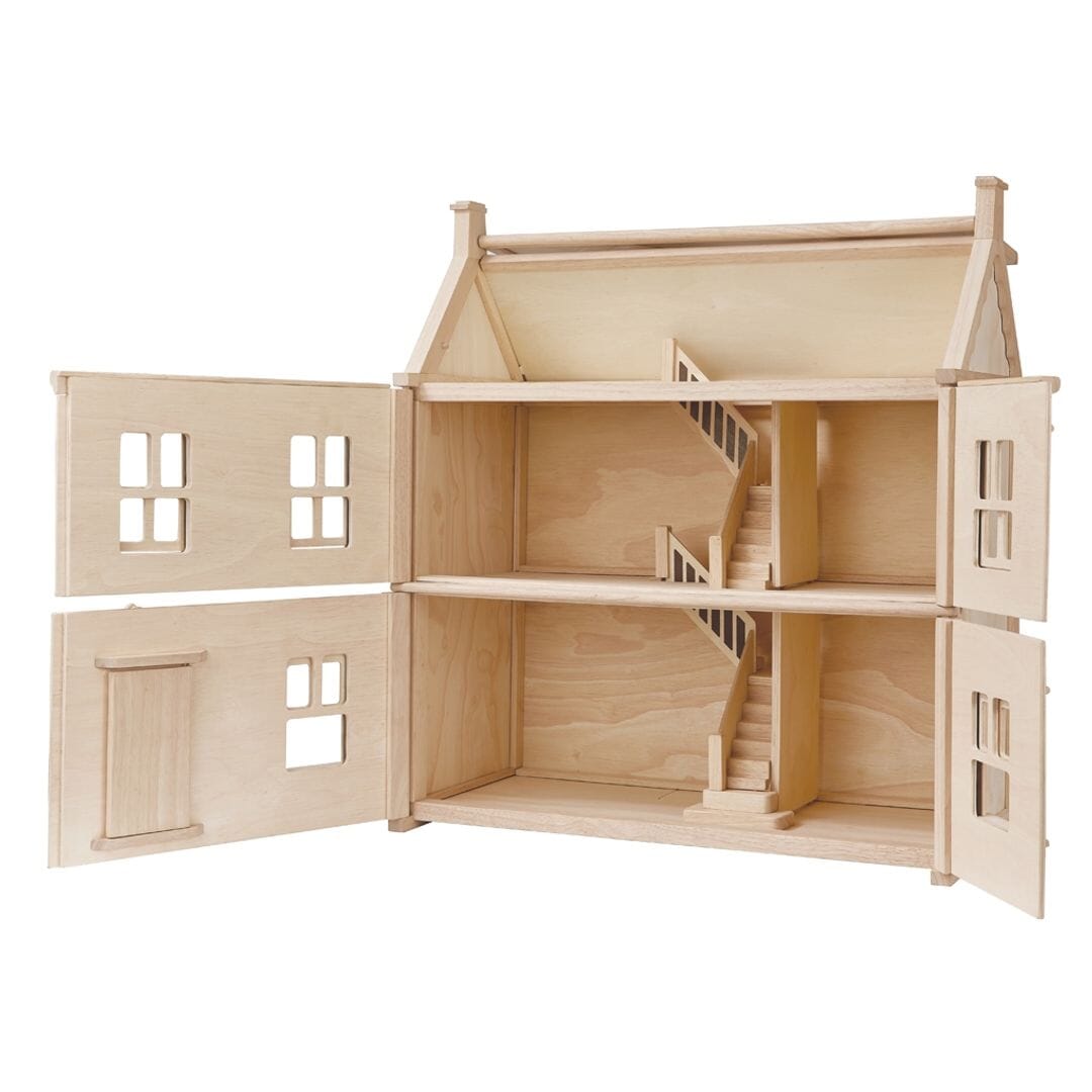 PlanToys Victorian Dollhouse natural wooden dollhouse with 3 stories including attic - front walls open out to see inside of dollhouse..