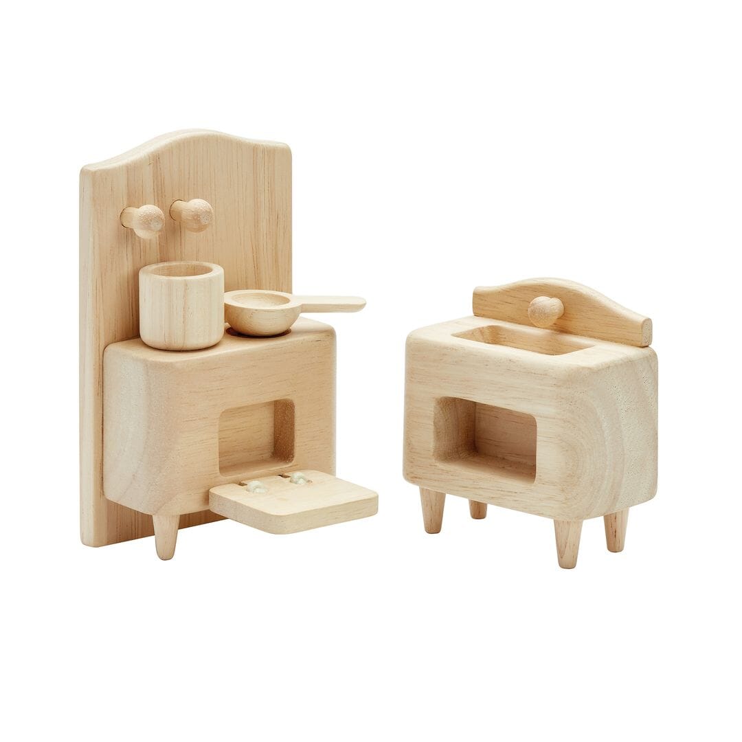 Close up PlanToys Victorian wooden kitchen set - all natural unfinished wood.