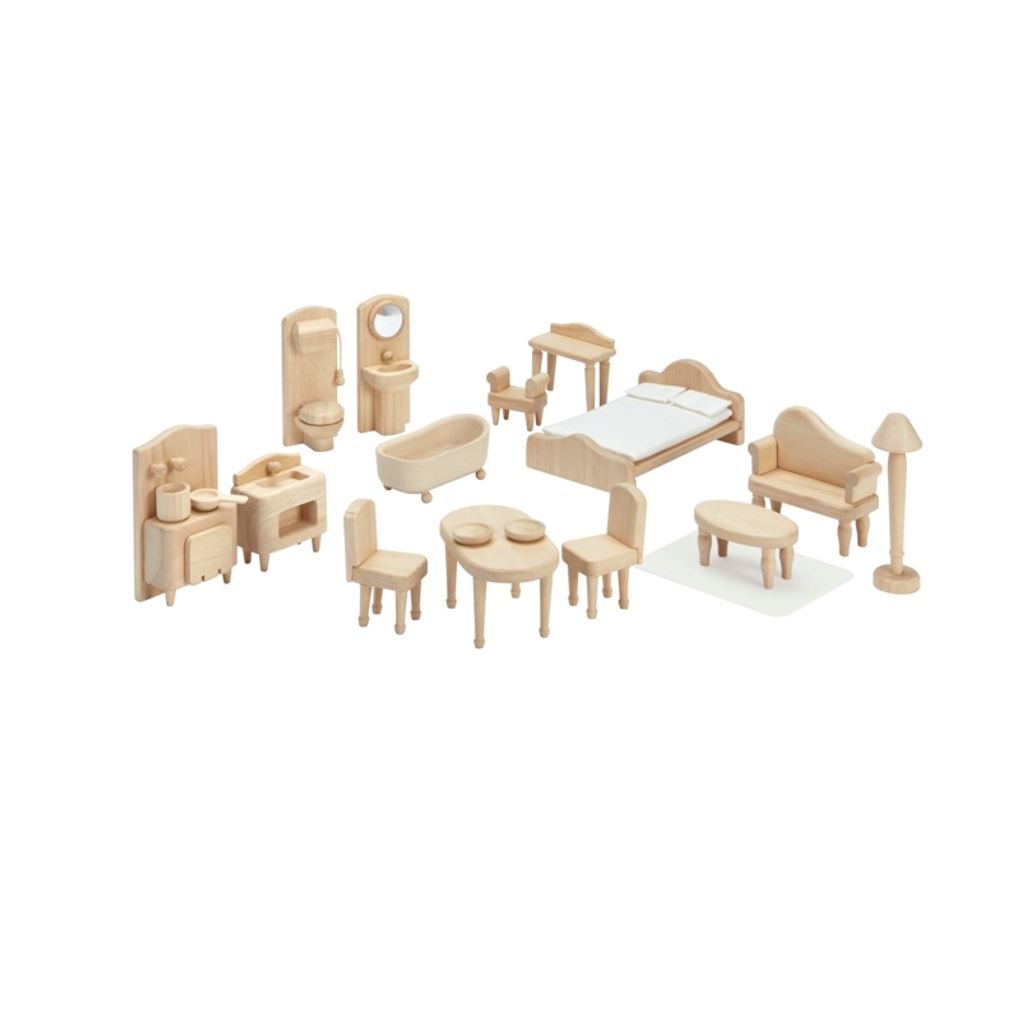 PlanToys Victorian furniture set all natural wood unpainted for PlanToys Victorian dollhouse.